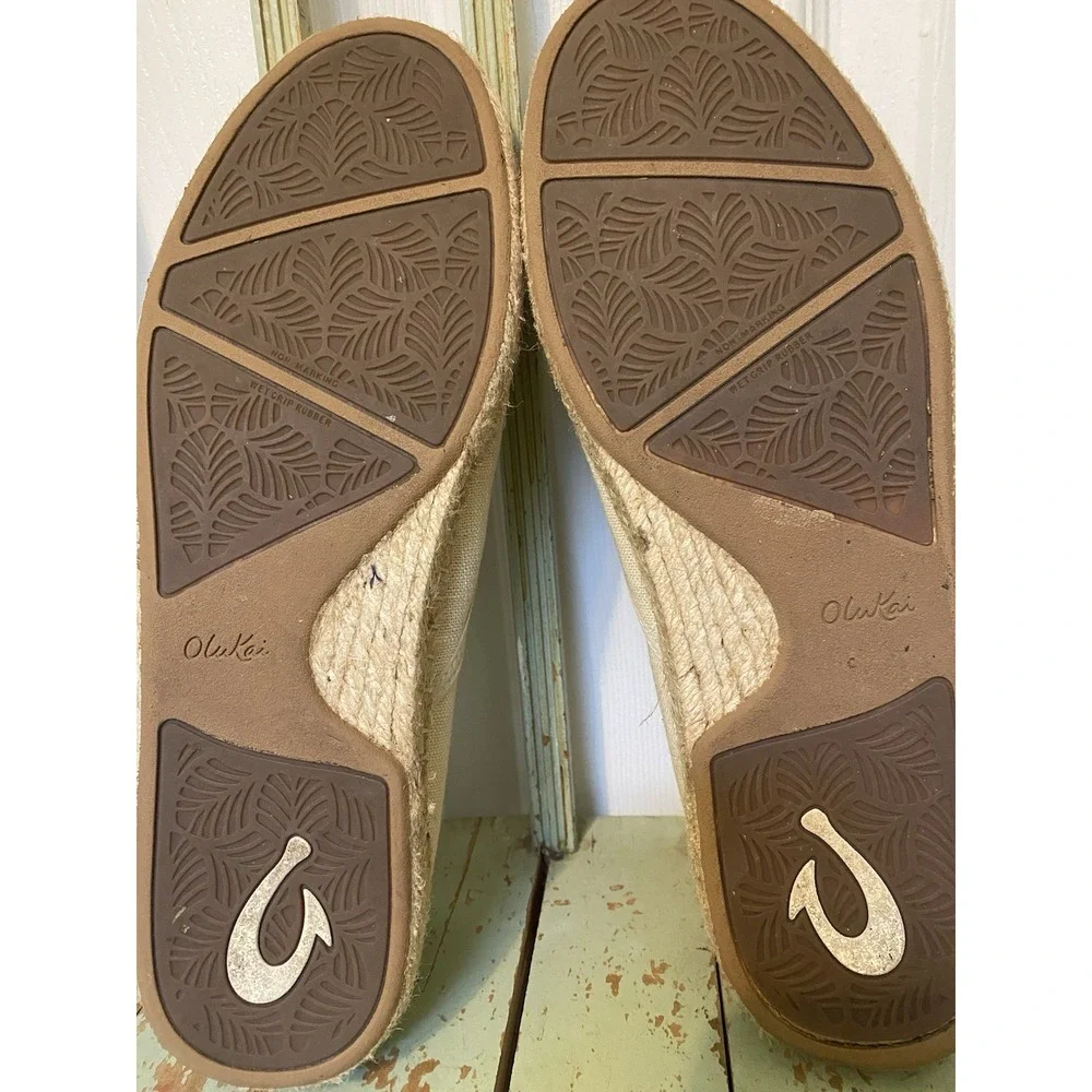 Olukai Women's Kaula Pa'a Kapa Linen Espadrilles slip on shoe Size 11 Beige EUC